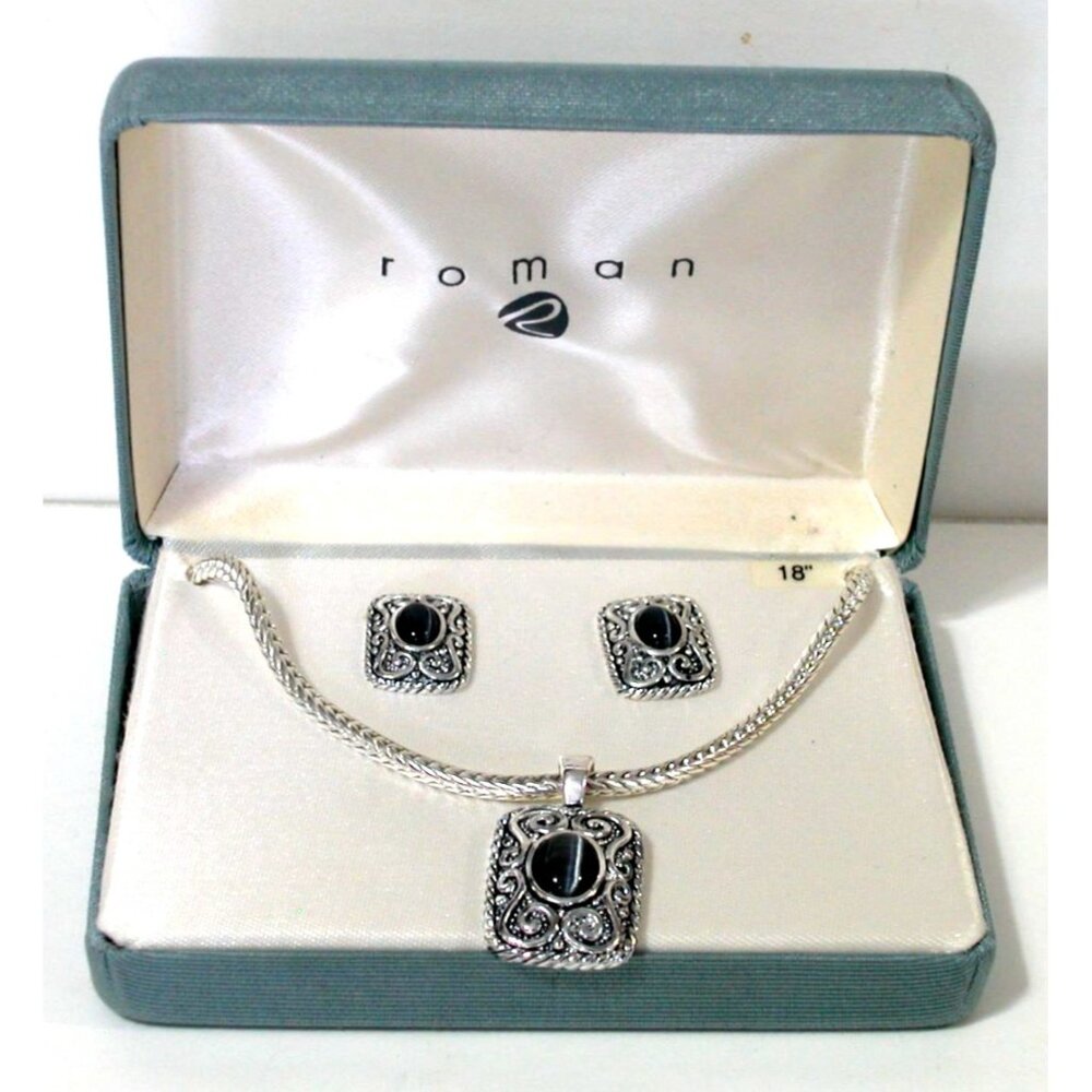 Roman 18" Silver Chain Necklace & Earring Set With Black Stone Accents In Decora